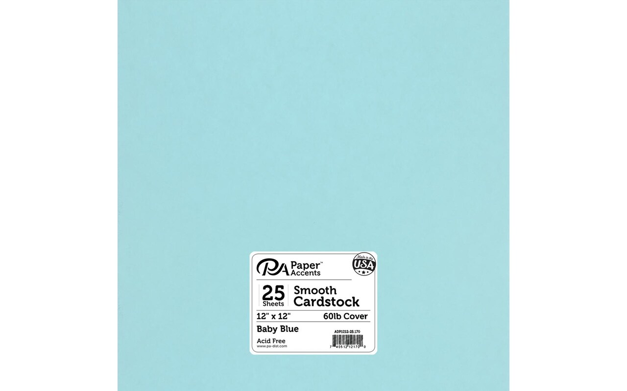 PA Paper Accents Smooth Cardstock 12" x 12" Baby Blue, 60lb colored cardstock paper for card making, scrapbooking, printing, quilling and crafts, 25 piece pack